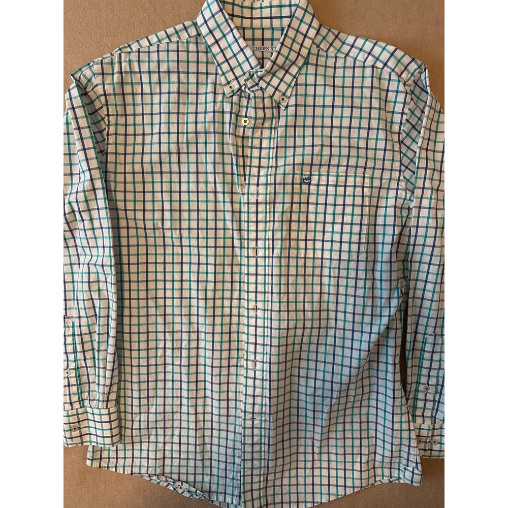 Southern Tide Intercoastal Button Down Shirt Men Medium Blue Green Plaid Stretch